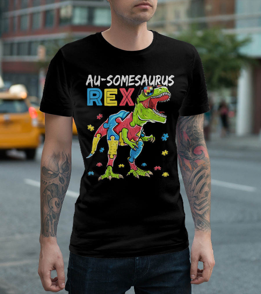 Au-somesaurus Rex Dinosaur Autism Awareness Puzzle Pieces T-Shirt