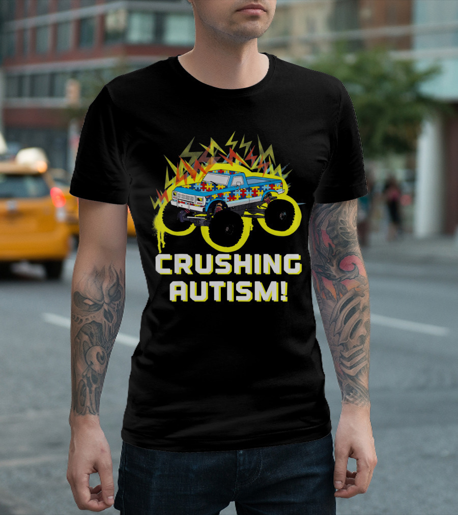 Crushing Autism Awareness Monster Truck With Puzzle Pattern And Lightning T-Shirt