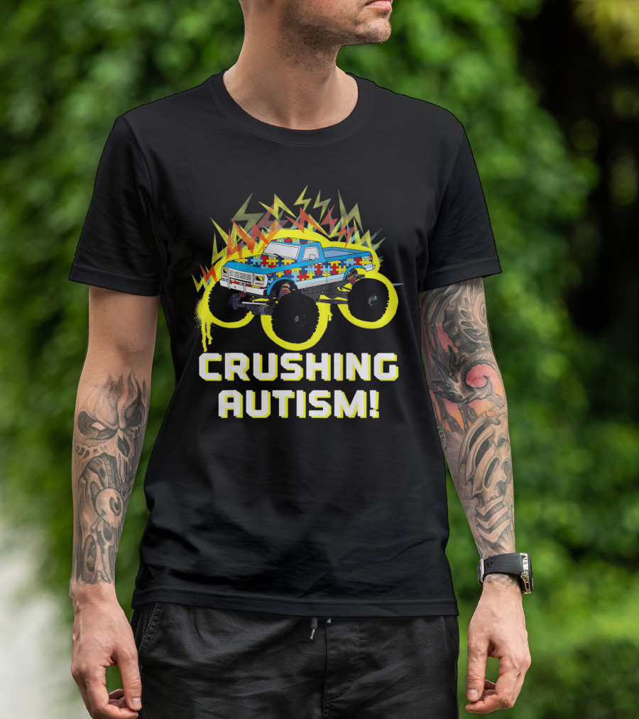 Crushing Autism Awareness Monster Truck With Puzzle Pattern And Lightning T-Shirt