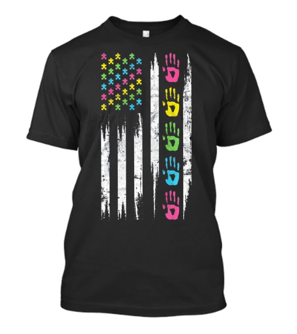 Autism Awareness Puzzle Piece Handprint USA Flag T-Shirt