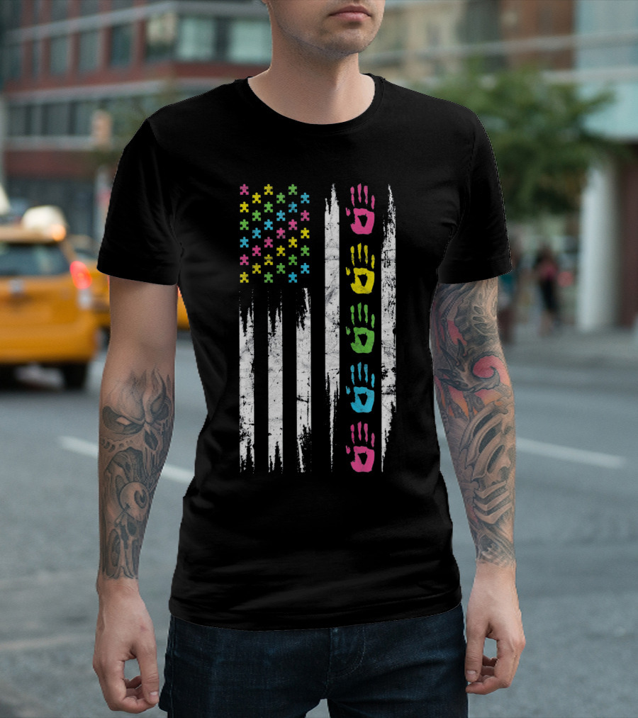 Autism Awareness Puzzle Piece Handprint USA Flag T-Shirt