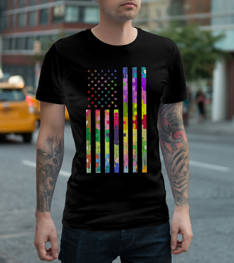 Autism Awareness Puzzle Pattern American Flag T-Shirt