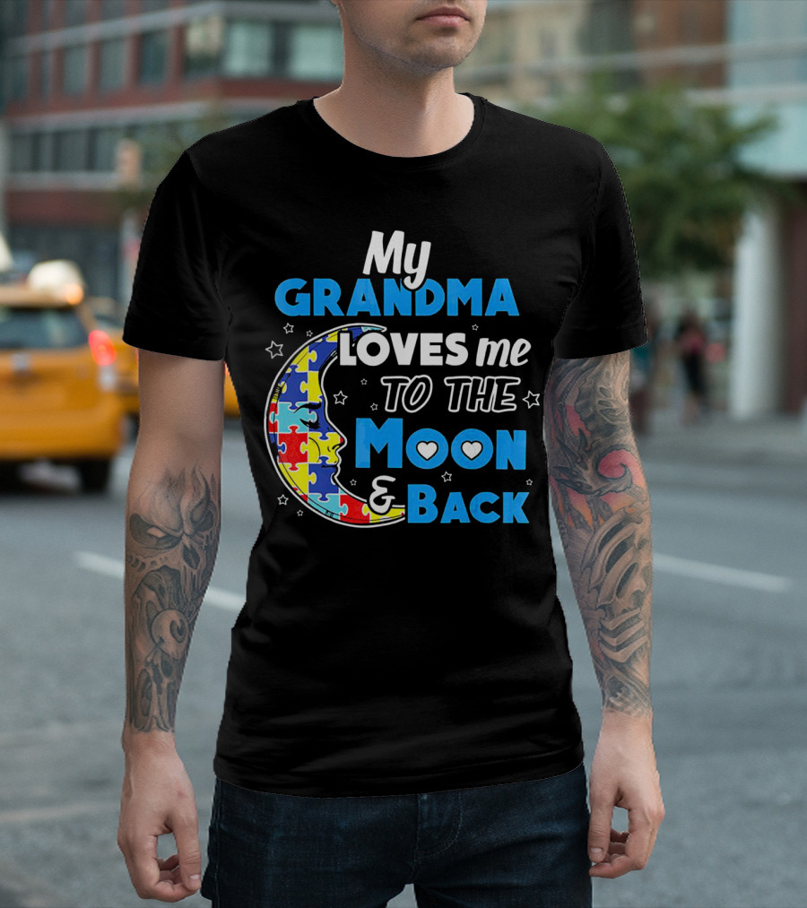 My Grandma Loves Me To The Moon And Back Puzzle Piece Moon Hearts Stars T-Shirt