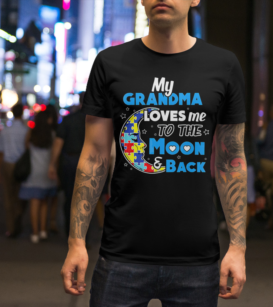 My Grandma Loves Me To The Moon And Back Puzzle Piece Moon Hearts Stars T-Shirt