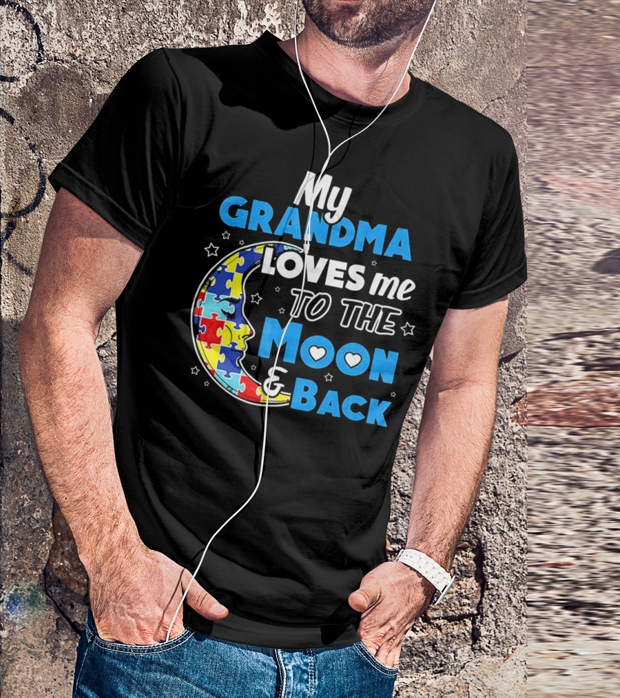 My Grandma Loves Me To The Moon And Back Puzzle Piece Moon Hearts Stars T-Shirt