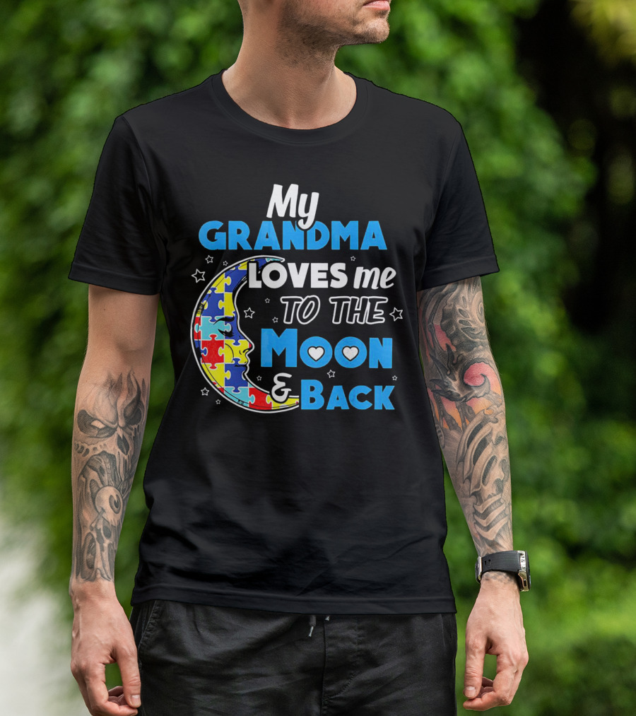 My Grandma Loves Me To The Moon And Back Puzzle Piece Moon Hearts Stars T-Shirt