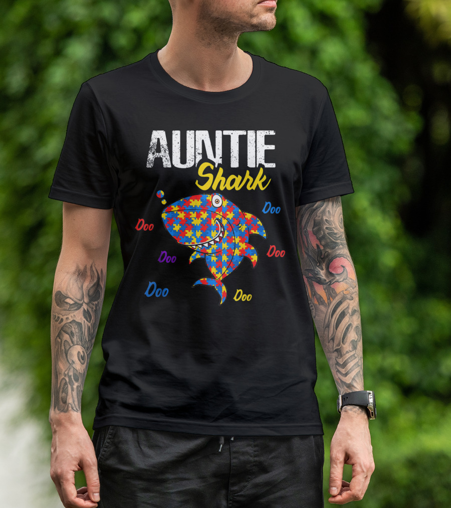 Auntie Shark Autism Awareness Doo Doo Puzzle T-Shirt