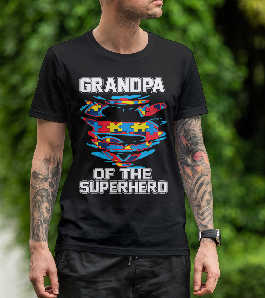 Grandpa Of The Superhero Autism Awareness Puzzle Swirl Crest T-Shirt