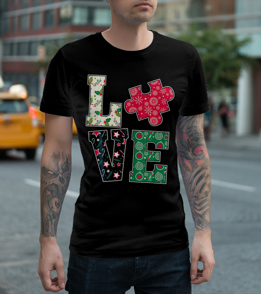 LOVE Puzzle Christmas Autism Awareness Holiday T-Shirt