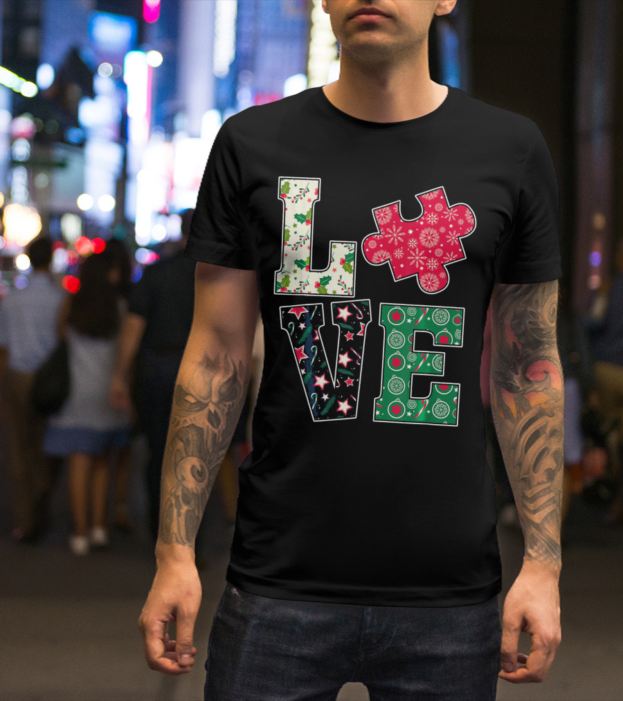LOVE Puzzle Christmas Autism Awareness Holiday T-Shirt