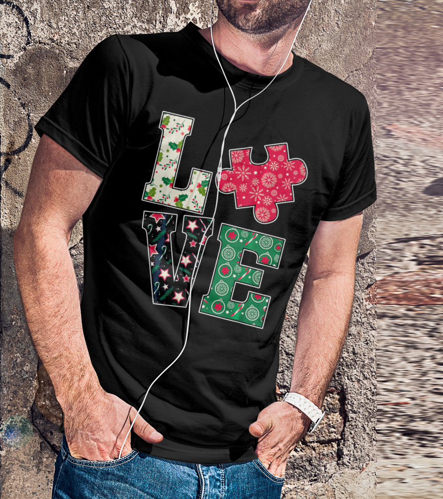 LOVE Puzzle Christmas Autism Awareness Holiday T-Shirt