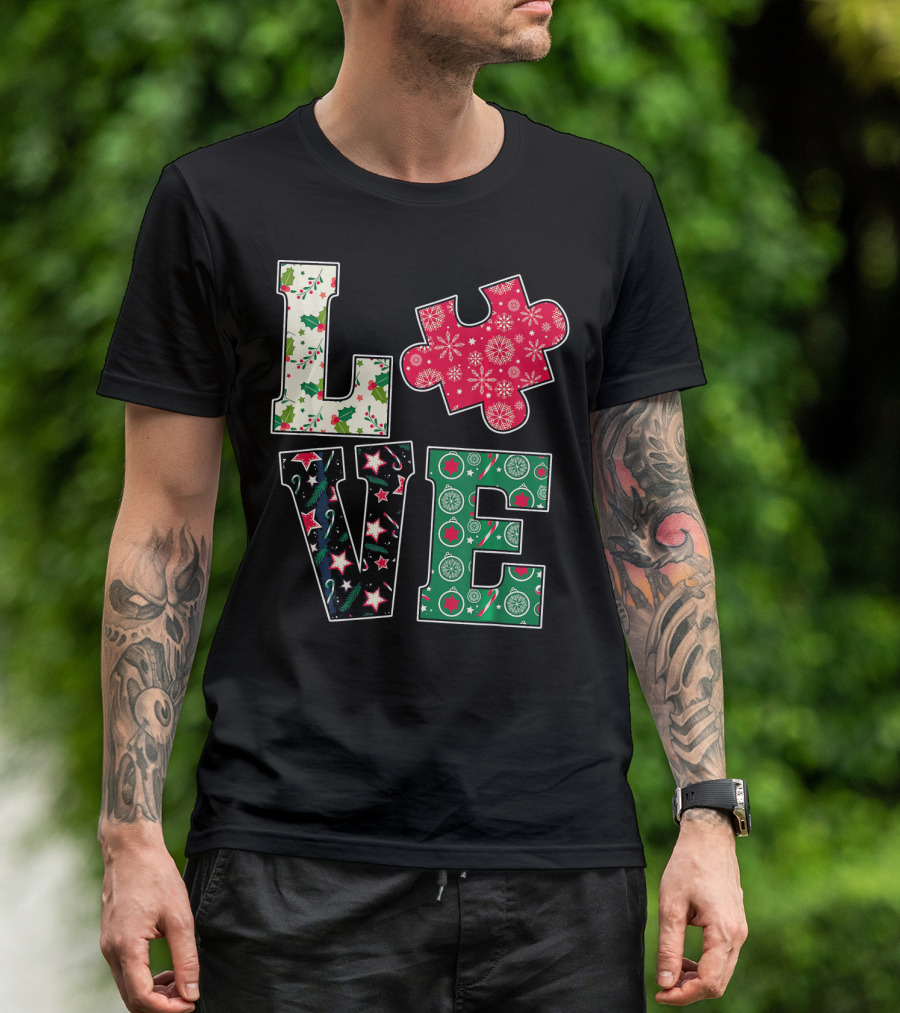 LOVE Puzzle Christmas Autism Awareness Holiday T-Shirt