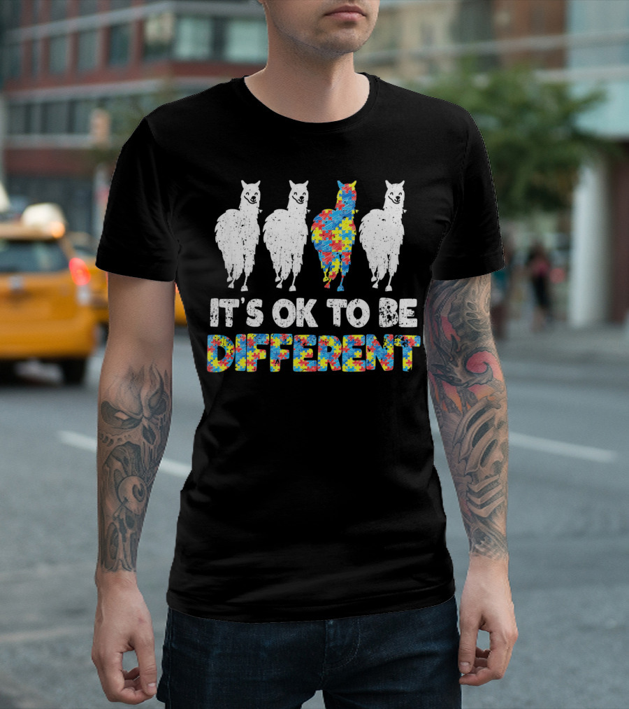 Autism Awareness Llama It's OK To Be Different Puzzle T-Shirt