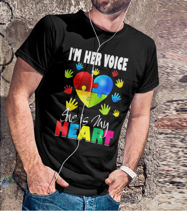 I'm Her Voice She Is My Heart Autism Awareness Puzzle Hands T-Shirt