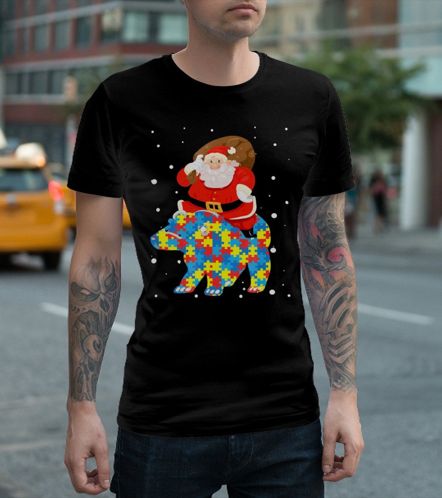 Santa Claus Riding Puzzle Bear Christmas Autism T-Shirt