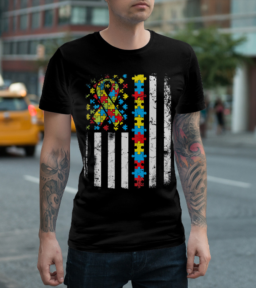 Autism Awareness American Flag Puzzle T-Shirt