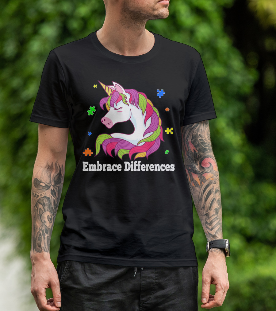 Embrace Differences Autism Awareness Unicorn Puzzle Pieces T-Shirt