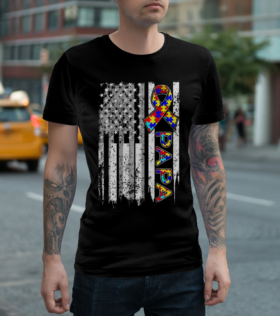 Papa Autism Awareness Puzzle Ribbon American Flag T-Shirt