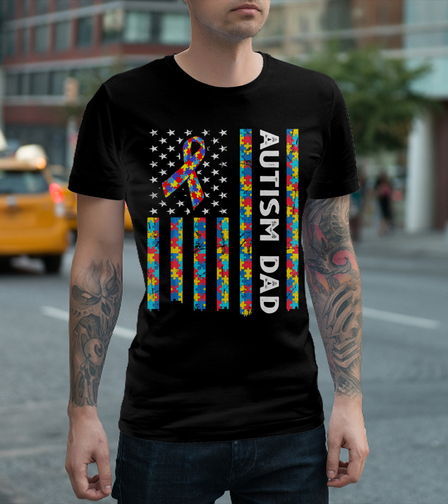 Autism Dad Awareness American Flag Puzzle T-Shirt