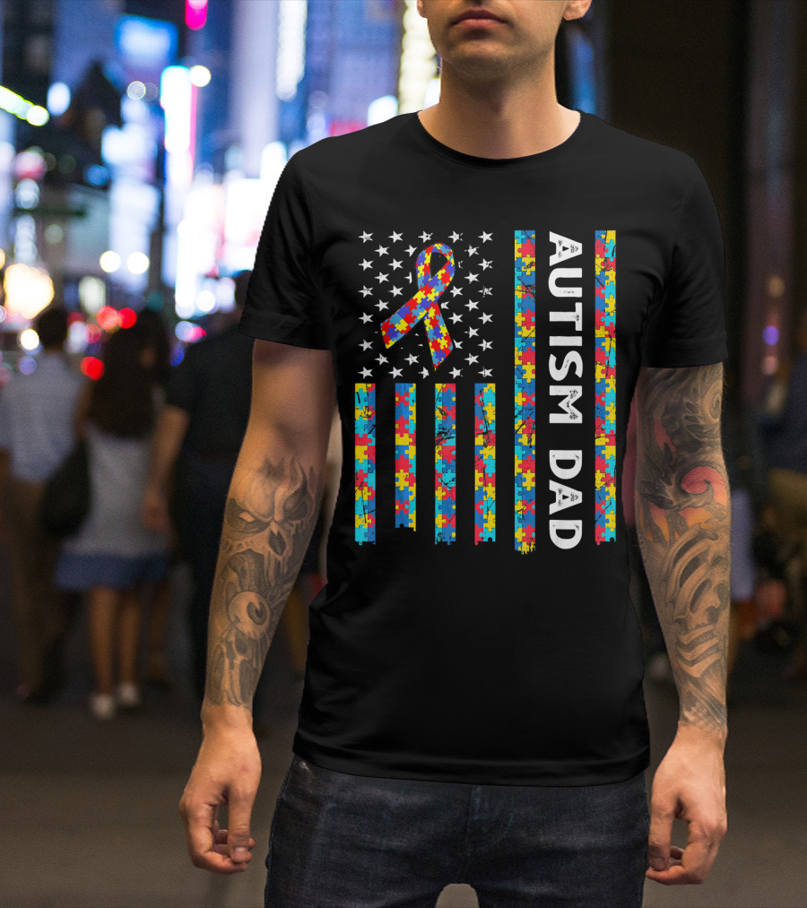 Autism Dad Awareness American Flag Puzzle T-Shirt