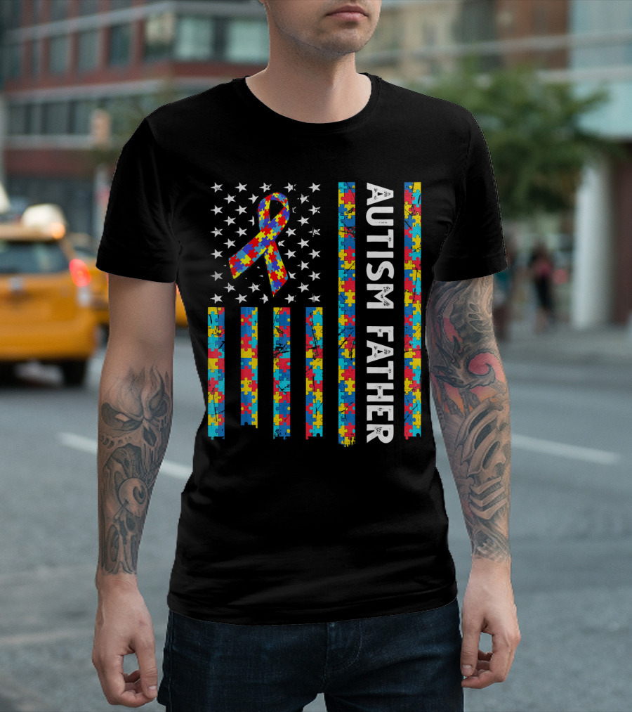 Autism Father Puzzle Ribbon American Flag Stars T-Shirt
