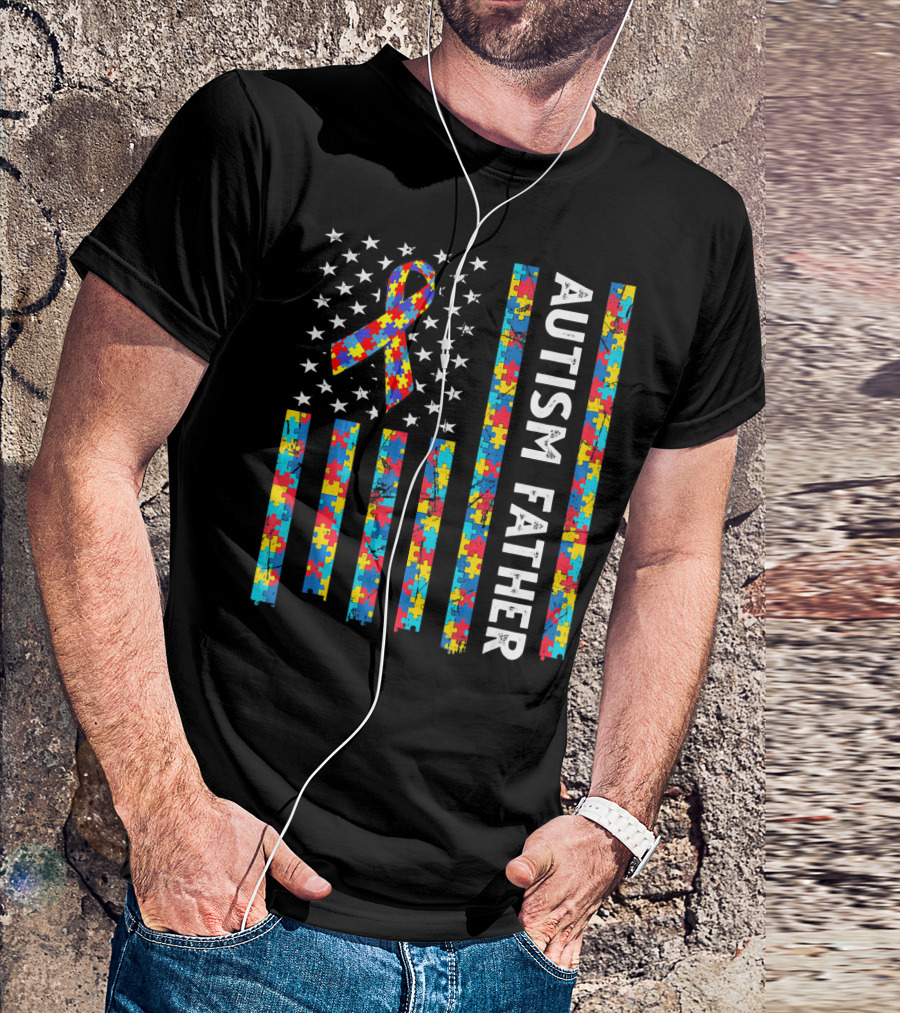 Autism Father Puzzle Ribbon American Flag Stars T-Shirt