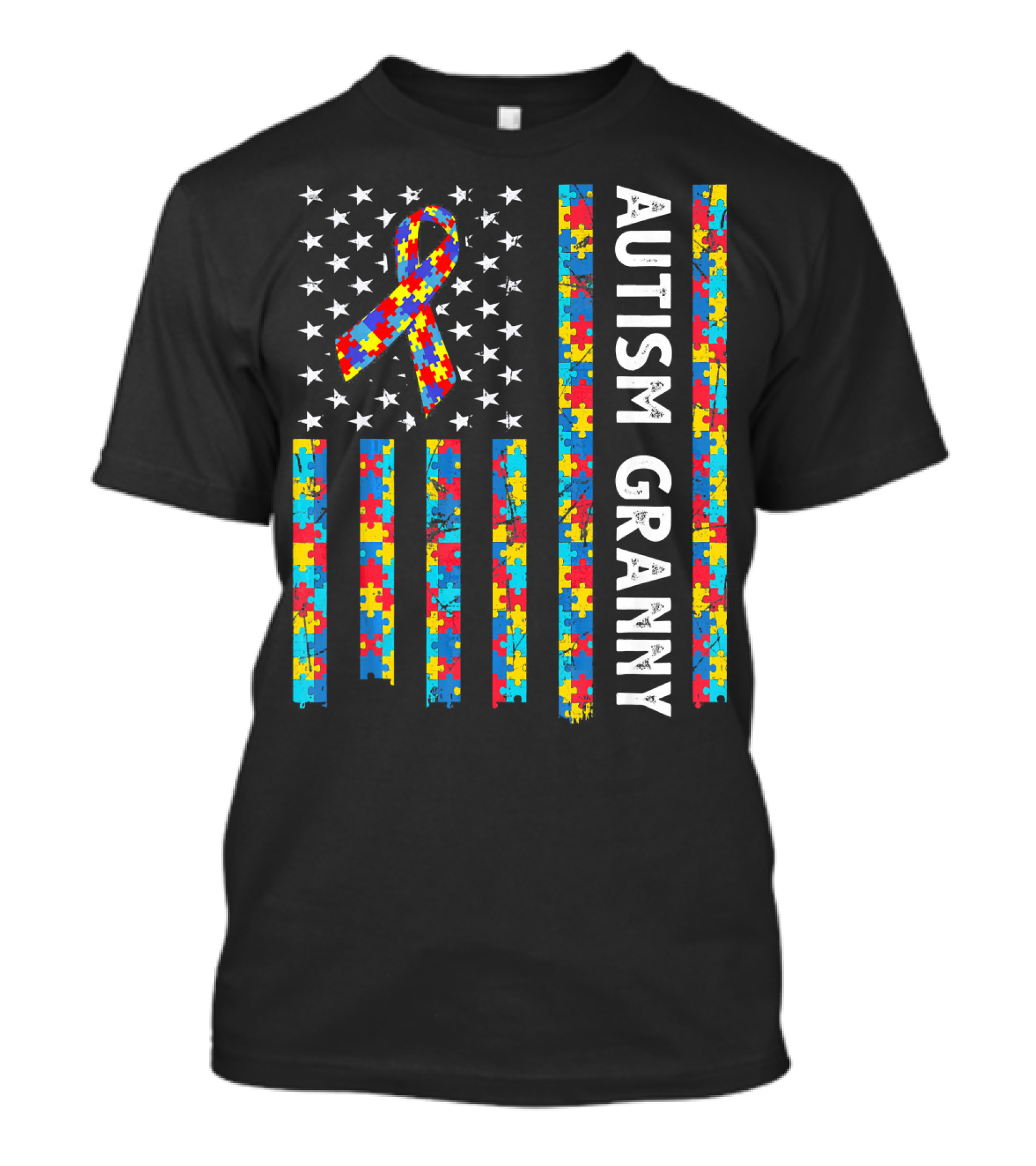 Autism Granny Puzzle Ribbon American Flag With Stars T-Shirt