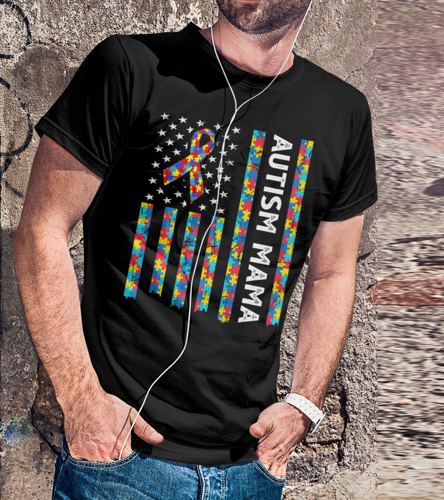 Autism Awareness Mama American Flag Puzzle T-Shirt