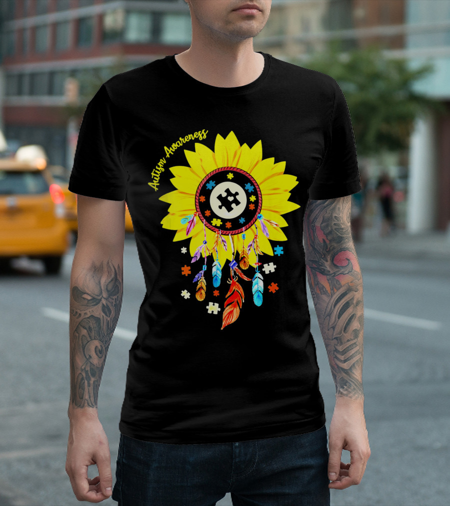 Autism Awareness Dream Catcher Sunflower with Puzzle Pieces T-Shirt