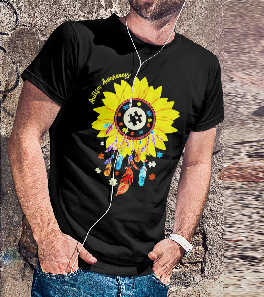 Autism Awareness Dream Catcher Sunflower With Puzzle Pieces T-Shirt