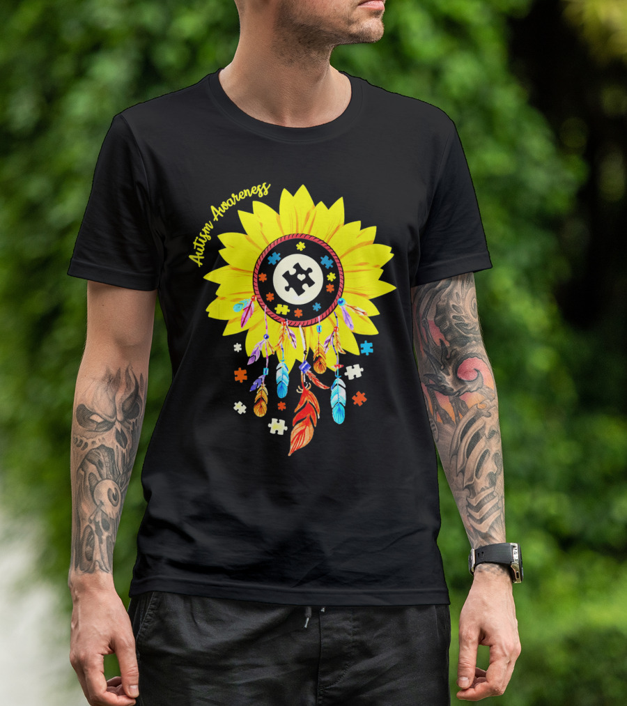 Autism Awareness Dream Catcher Sunflower With Puzzle Pieces T-Shirt