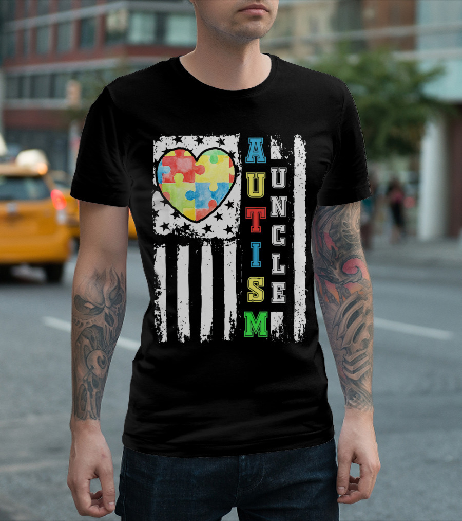 Autism Uncle US Flag Puzzle Heart T-Shirt