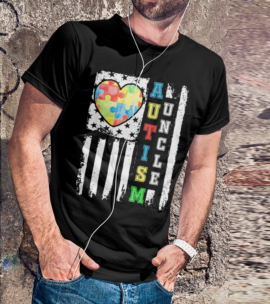 Autism Uncle US Flag Puzzle Heart T-Shirt