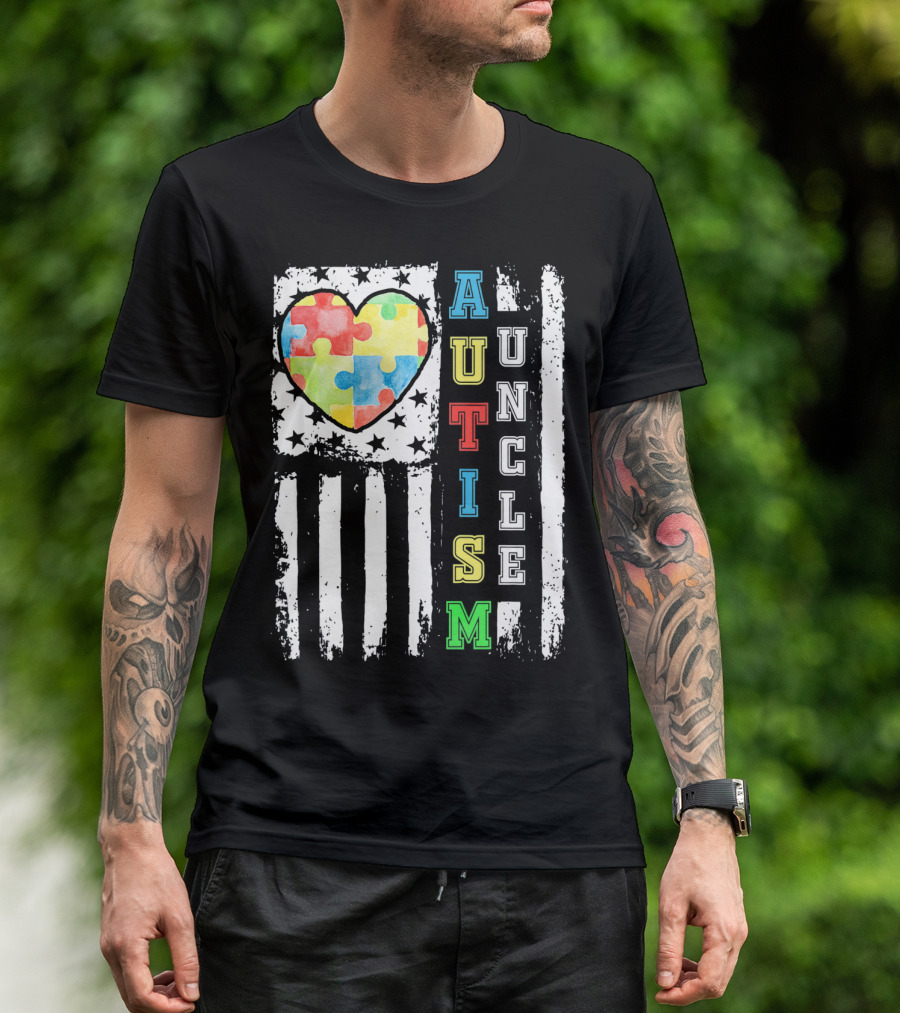 Autism Uncle US Flag Puzzle Heart T-Shirt