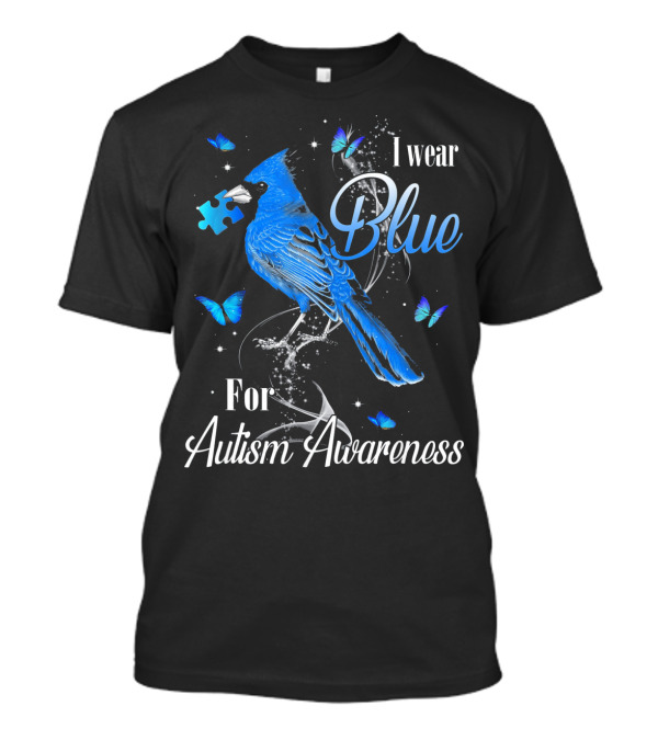 I Wear Blue For Autism Awareness Cardinal Bird Puzzle Piece Butterfly T-Shirt