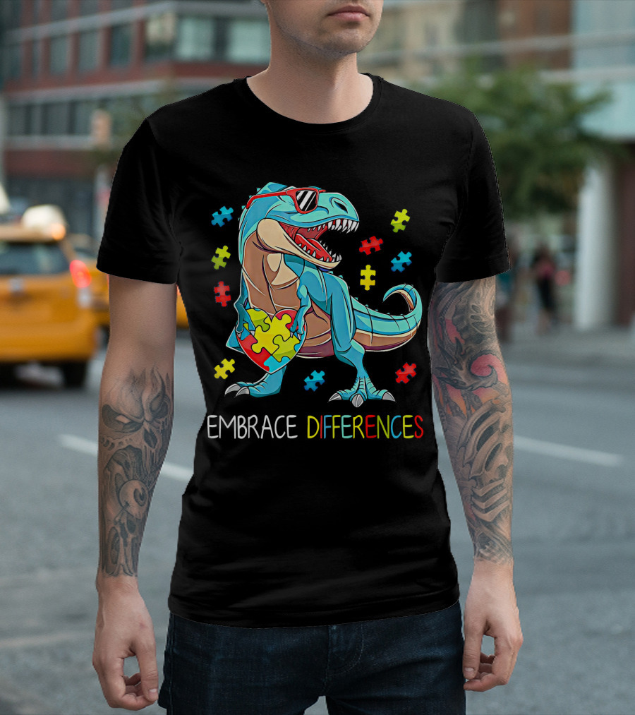 Embrace Differences Autism Awareness Dinosaur Rex Puzzle T-Shirt