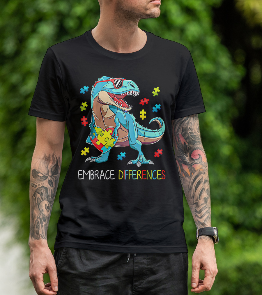 Embrace Differences Autism Awareness Dinosaur Rex Puzzle T-Shirt
