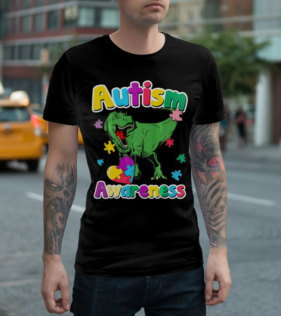 Autism Awareness Colorful Puzzle Tyrannosaurus T-Shirt