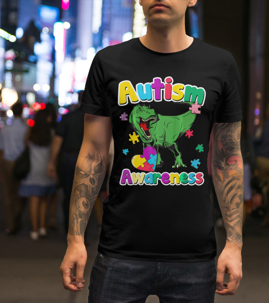 Autism Awareness Colorful Puzzle Tyrannosaurus T-Shirt