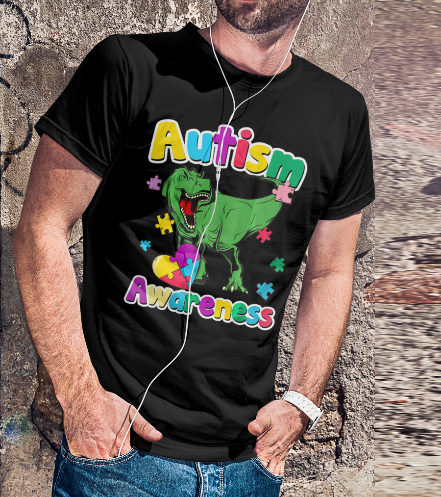 Autism Awareness Colorful Puzzle Tyrannosaurus T-Shirt
