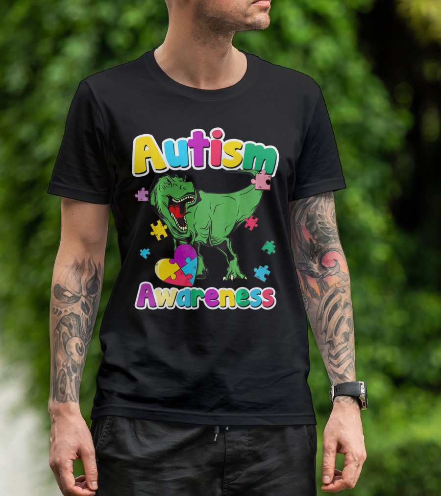 Autism Awareness Colorful Puzzle Tyrannosaurus T-Shirt