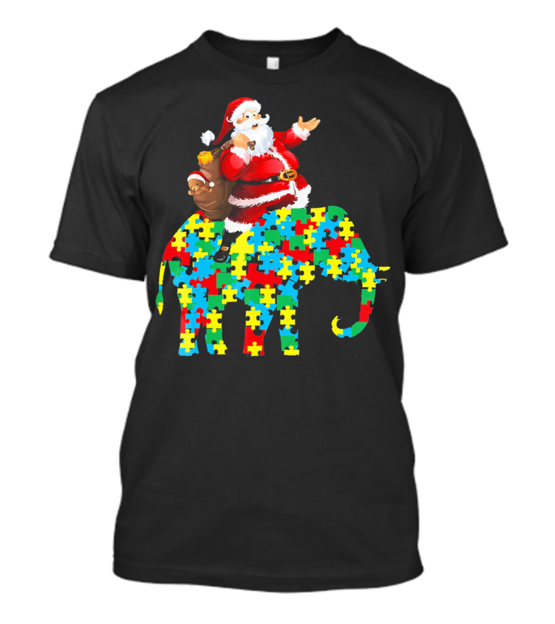 Santa Claus Riding Puzzle Piece Elephant Christmas Autism T-Shirt