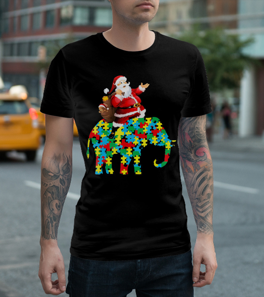 Santa Claus Riding Puzzle Piece Elephant Christmas Autism T-Shirt
