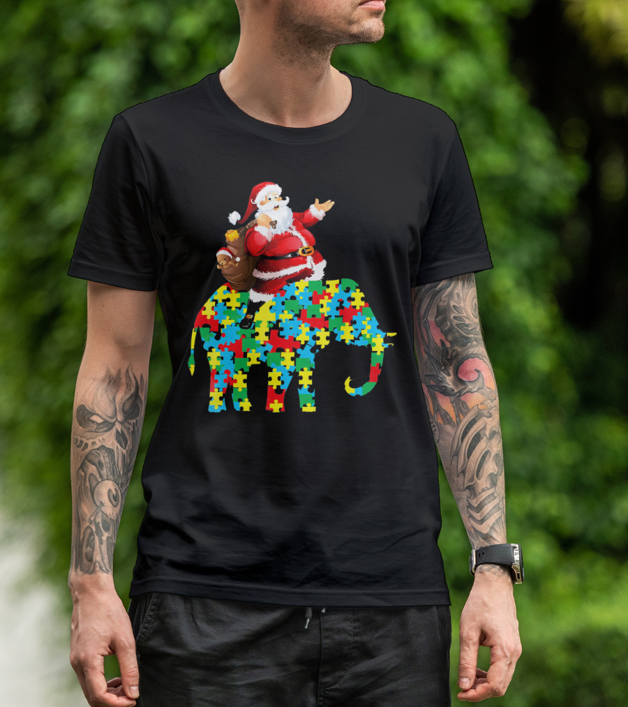 Santa Claus Riding Puzzle Piece Elephant Christmas Autism T-Shirt