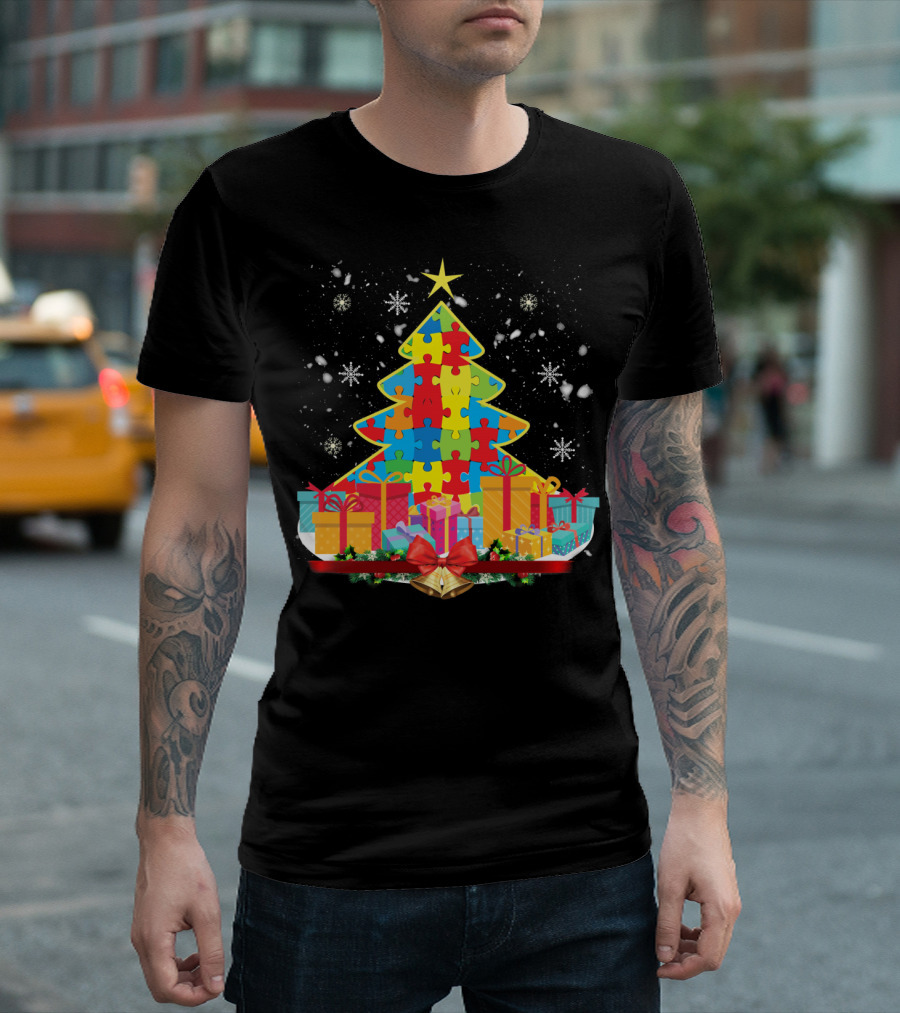 Christmas Tree Puzzle Pieces Autism Awareness T-Shirt