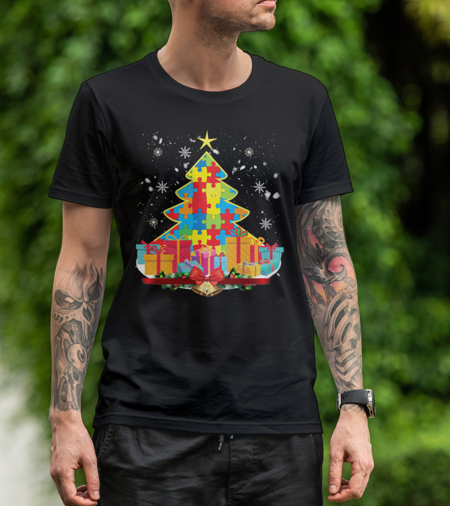 Christmas Tree Puzzle Pieces Autism Awareness T-Shirt