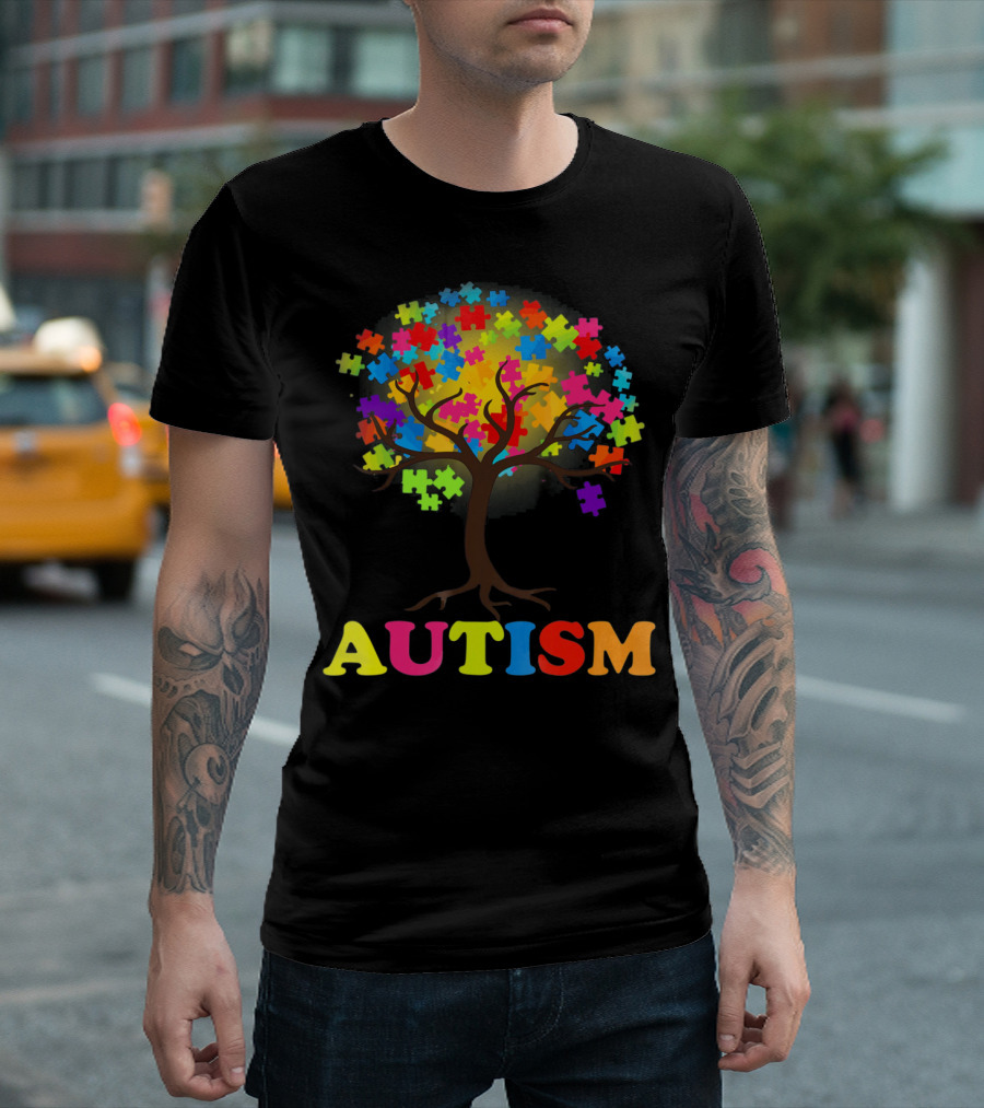 Autism Puzzle Pieces Tree Multicolored Branches T-Shirt
