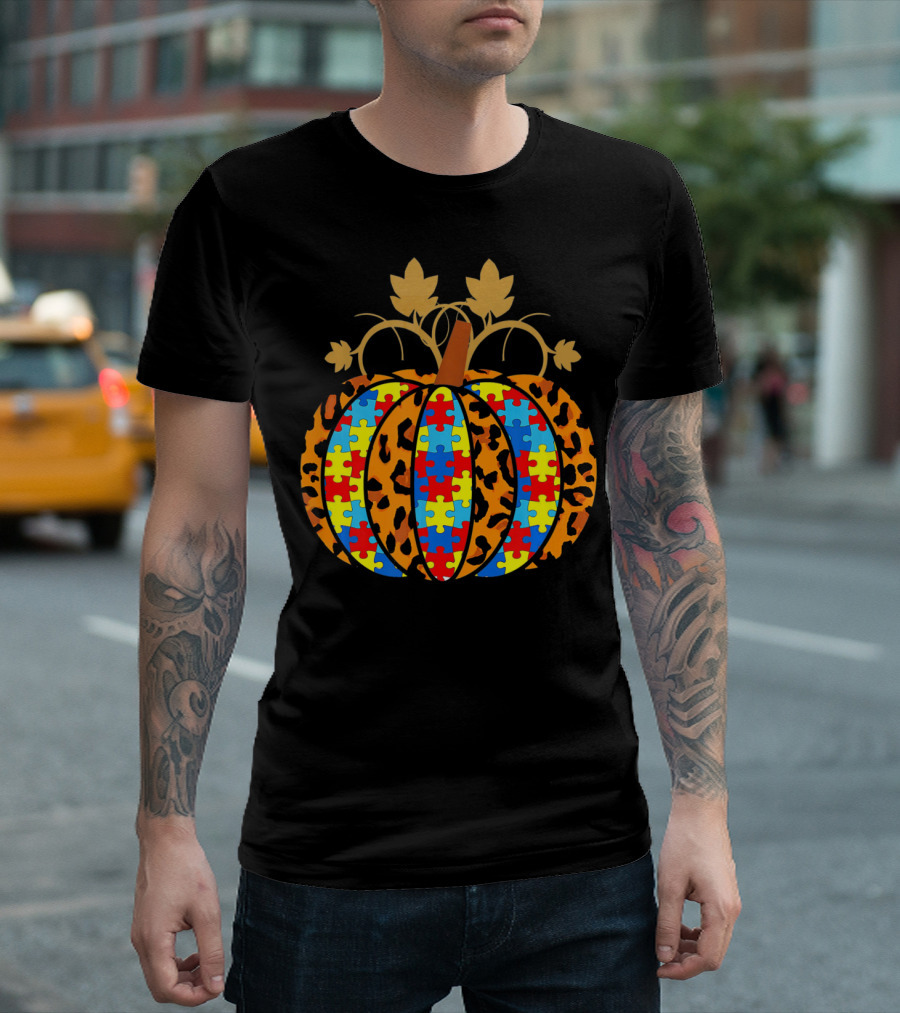 Autism Awareness Puzzle Pieces Leopard Print Pumpkin T-Shirt
