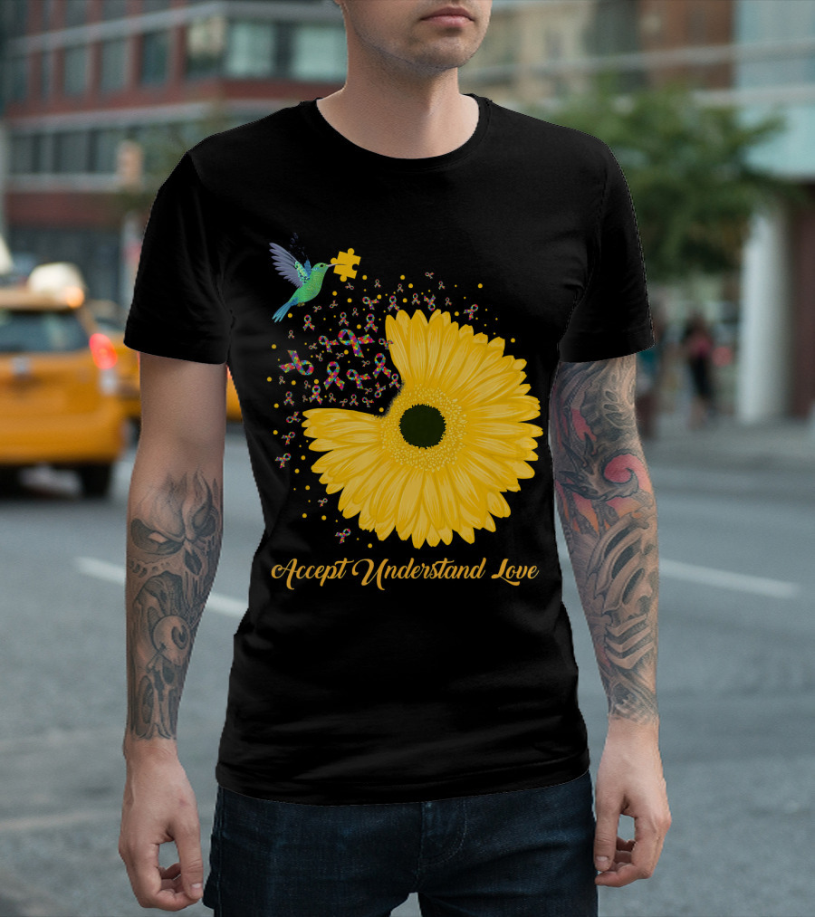 Sunflower Accept Understand Love Puzzle Piece Hummingbird Autism Awareness T-Shirt
