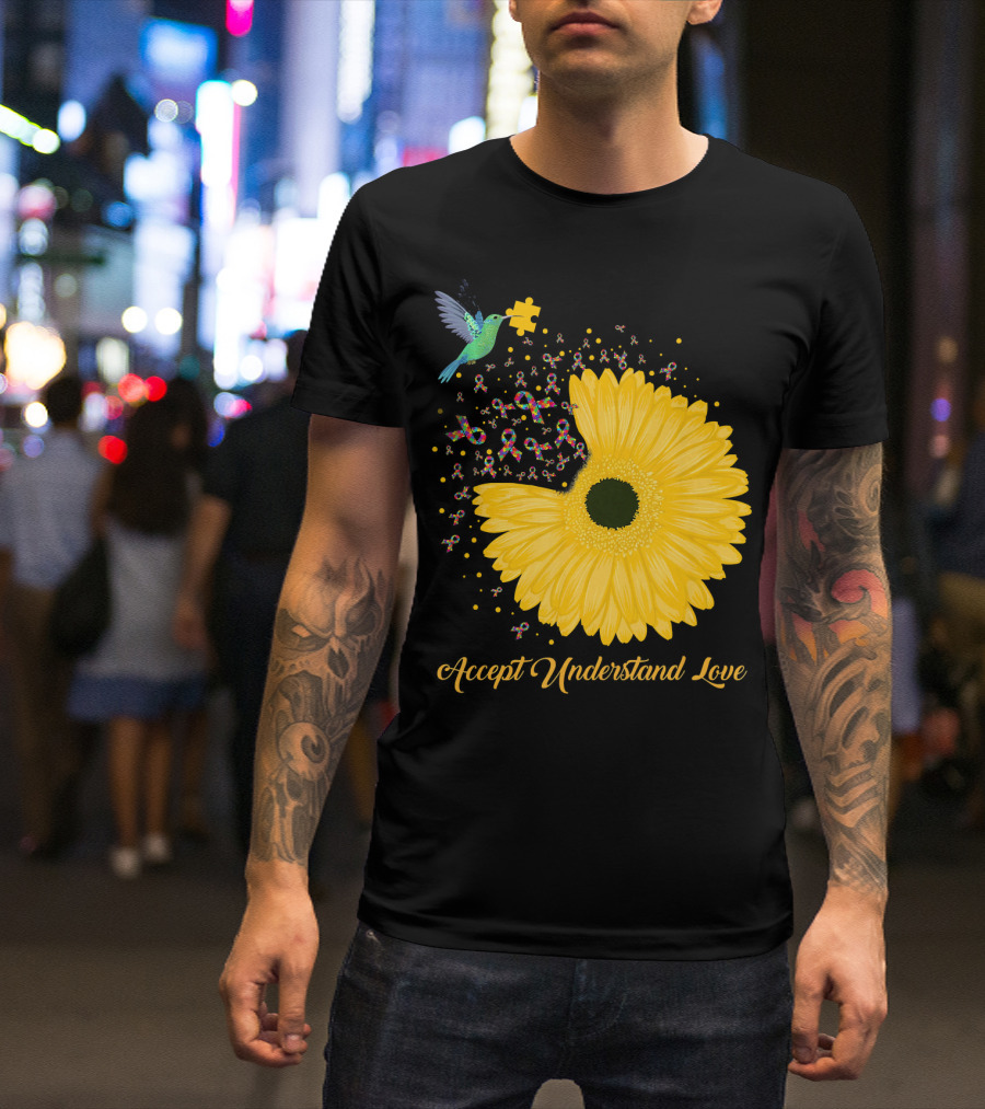 Sunflower Accept Understand Love Puzzle Piece Hummingbird Autism Awareness T-Shirt